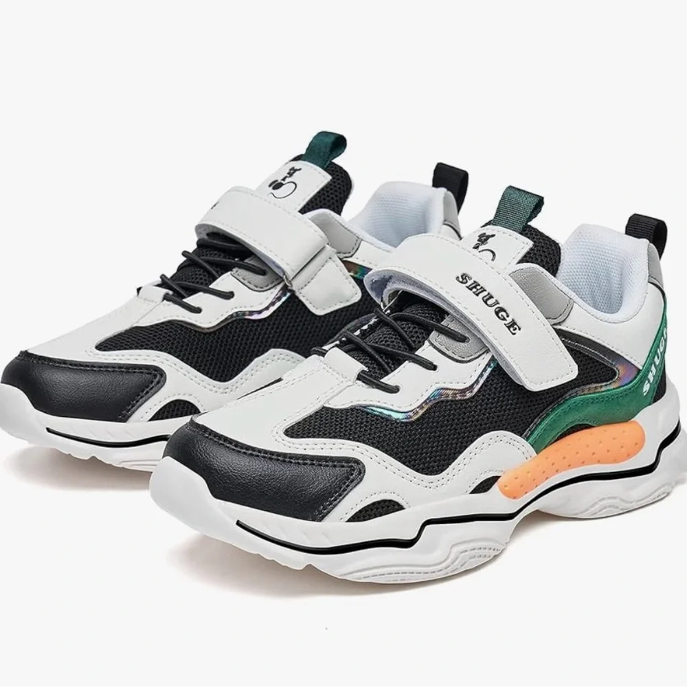 NEW-SHUGE White Black Green Leather Strap Slip On Sneakers Shoes- Youth 3.5Y - Picture 3 of 8